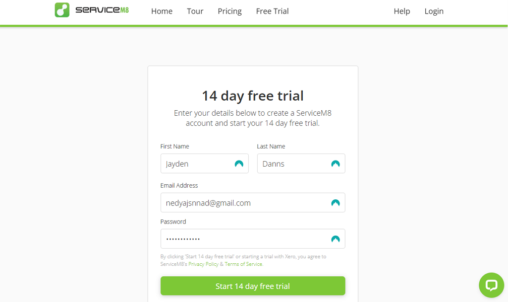 Screenshot showing ServiceM8 signup page