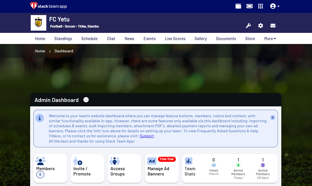 Screenshot showing a team’s dashboard
