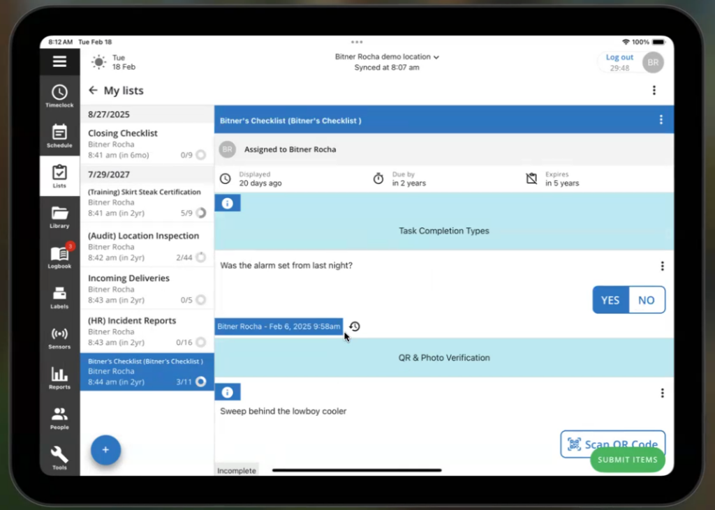 Screenshot of Jolt's checklist feature on an iPad, showing task completion options like Yes/No selections, QR code scanning, and photo verification.