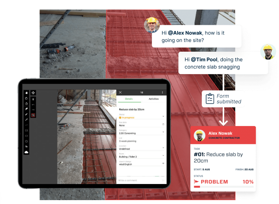 Visual of LetsBuild showing form submission for a snagging task, in-app photo annotation, and team communication between contractors on a construction site.