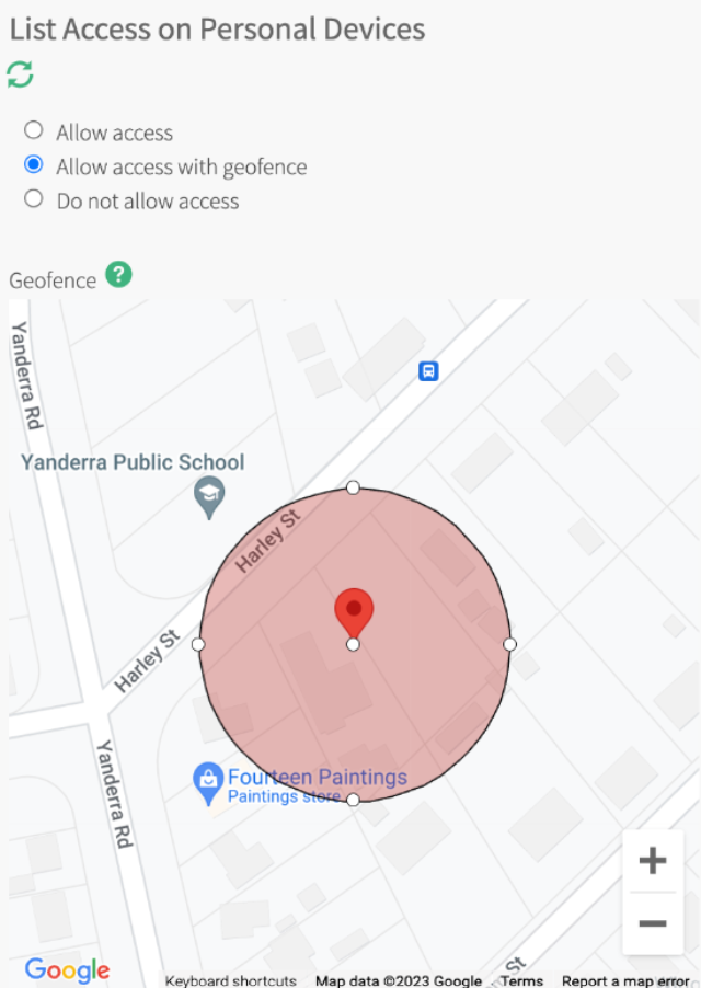 List Access options on Jolt, including the option to allow access with geofence and an image of a Google map with geofenced area.