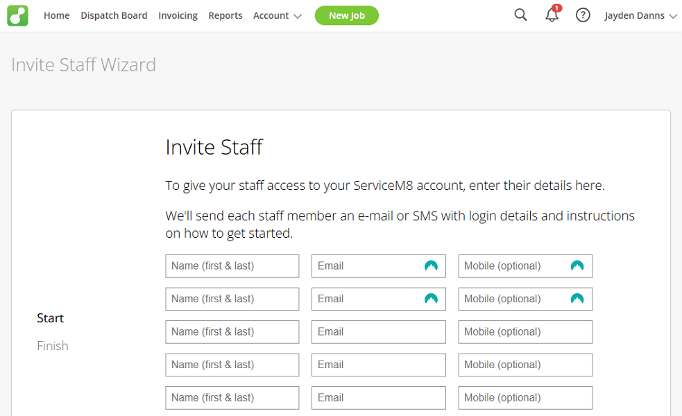 Screenshot showing employee invite page