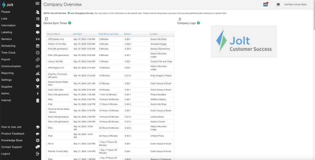 Jolt's web interface features a vertical menu for easy navigation, including sections for scheduling, time tracking, checklists, reporting, and communication.
