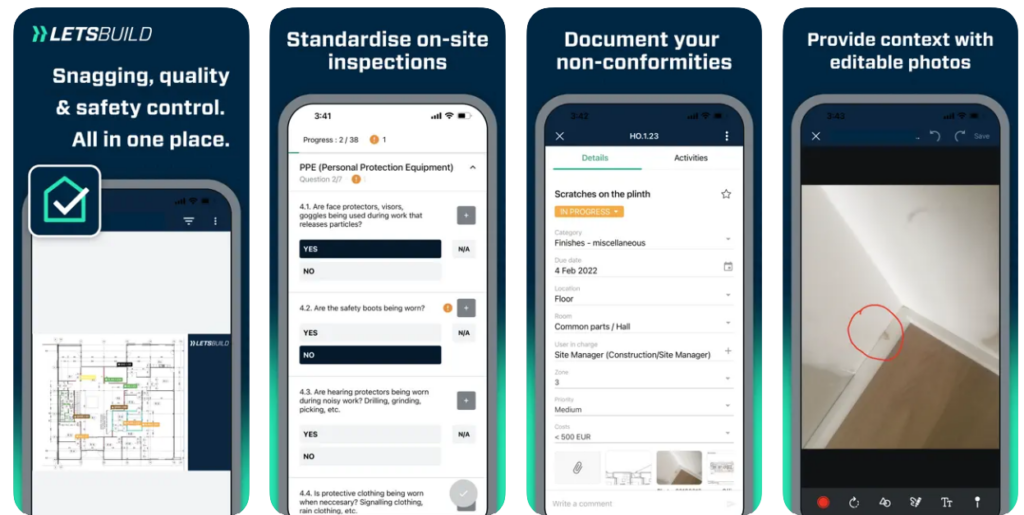 Series of LetsBuild mobile app screenshots on iOS, showing features like inspections, snag tracking, and annotated photo documentation.