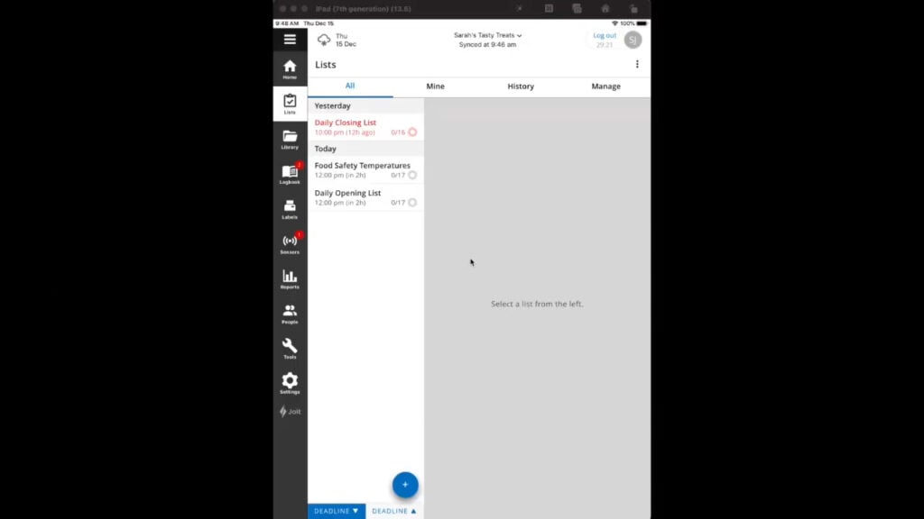 Screenshot of the Jolt app on an iPad, displaying task lists and a vertical navigation menu.