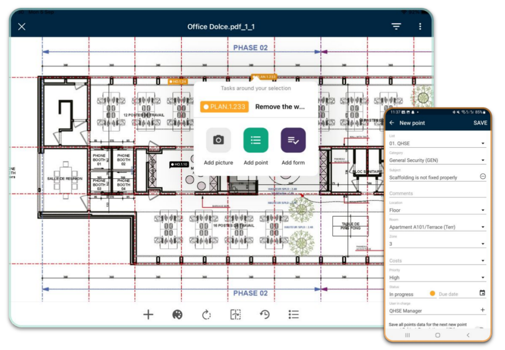 Screenshot of LetsBuild’s floor plan interface with annotation tools and an issue tracking form showing a defect entry for scaffolding.