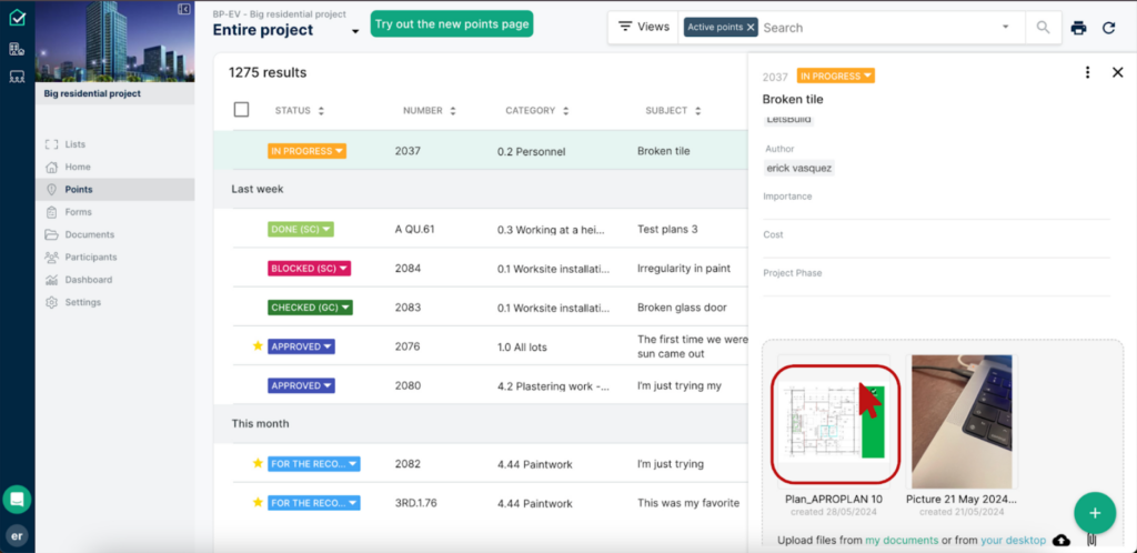 LetsBuild’s Points module showing a list of construction issues with status tags and a detailed view of a selected item, including images and floor plan.