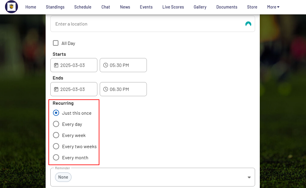 Screenshot showing the range of schedule recurring frequencies