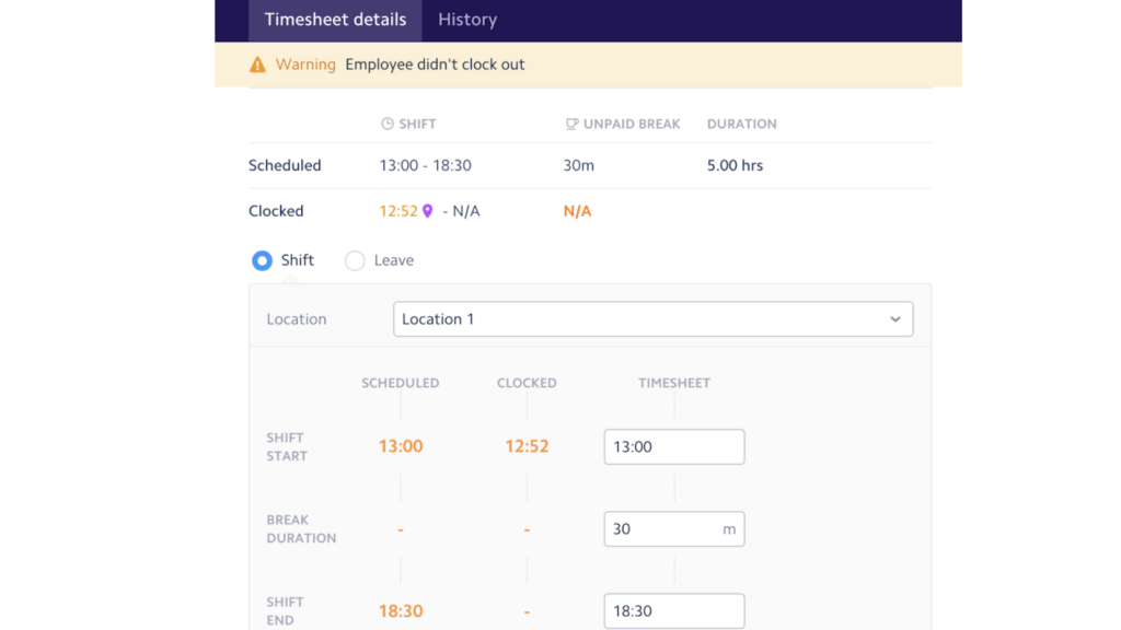 Rotageek's timesheets show scheduled hours, actual hours, breaks, and discrepancies, such as missing clock-ins or clock-outs. 