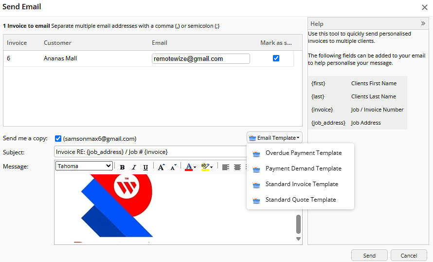 Screenshot showing ServiceM8’s email template options