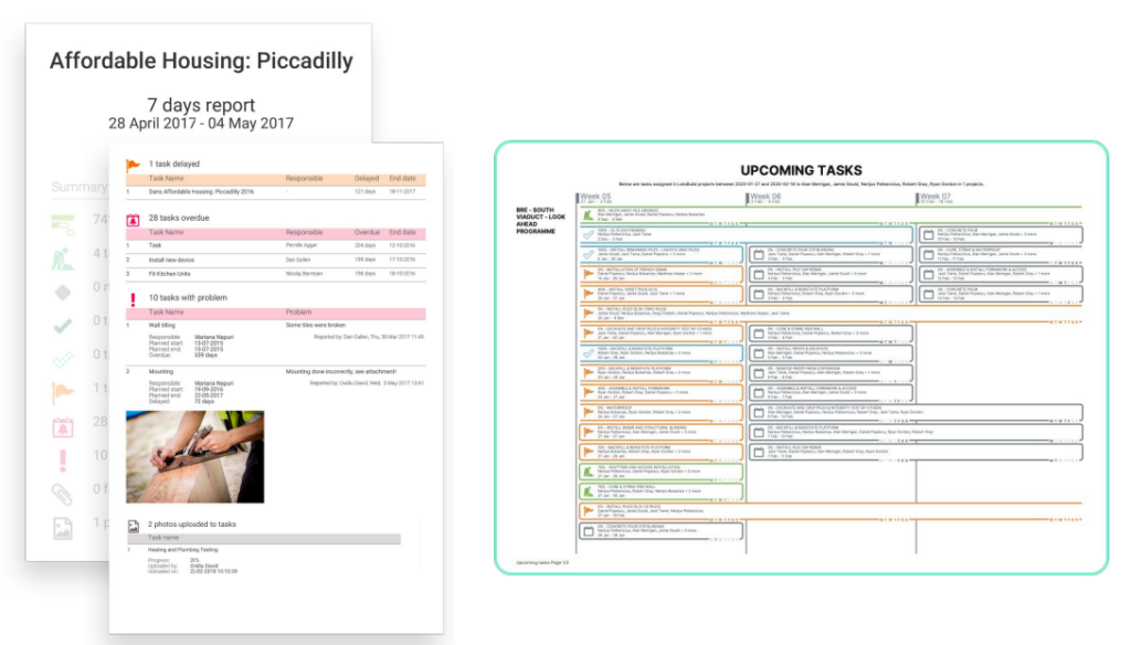 Screenshot showing LetsBuild reports, including a 7-day project summary with task delays and issues, alongside an upcoming task worksheet for subcontractors.