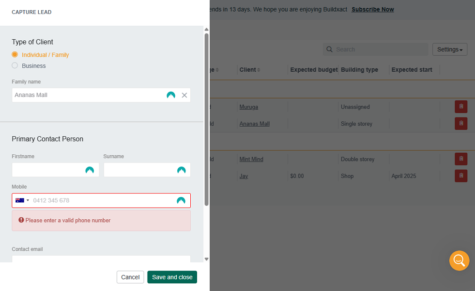 Screenshot showing lead capture form on web app