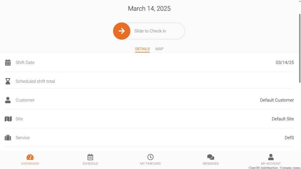 You slide to "check in" on the Celayix web and mobile apps.