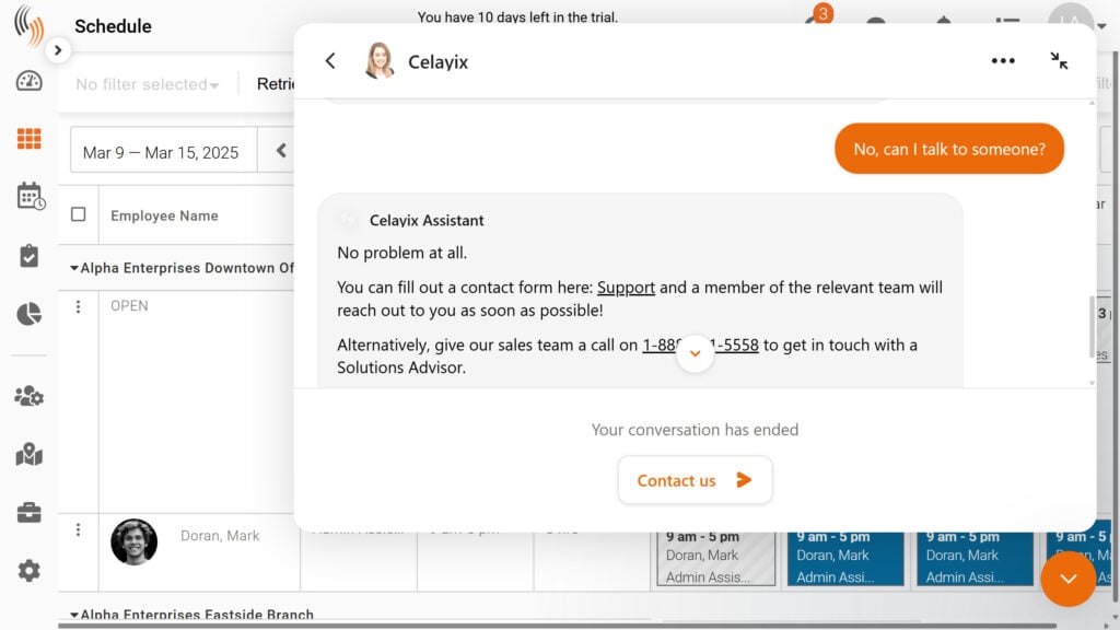 A screenshot of the Celayix support chatbot.