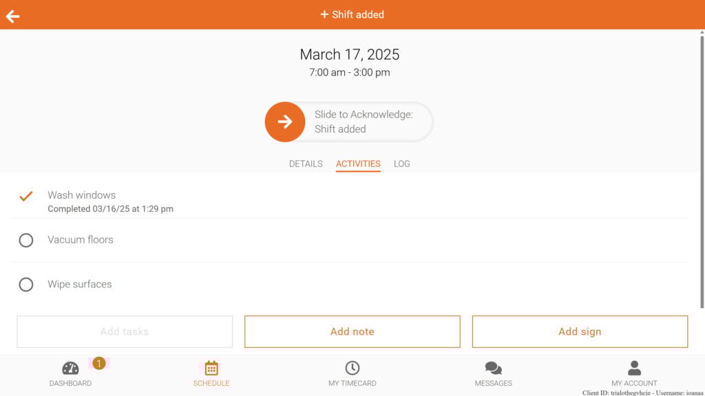 A screenshot showing you can quickly add tasks to a custom task list on Celayix.