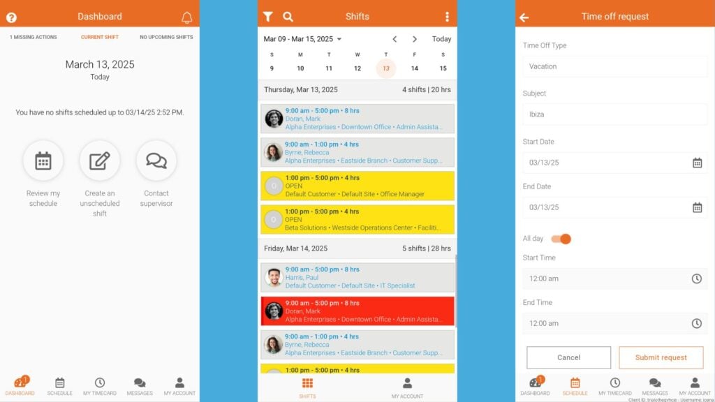 Collage with mobile screenshots from Celayix apps, including scheduling and a time off request.