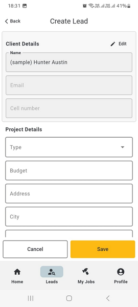 Screenshot showing detailed lead form