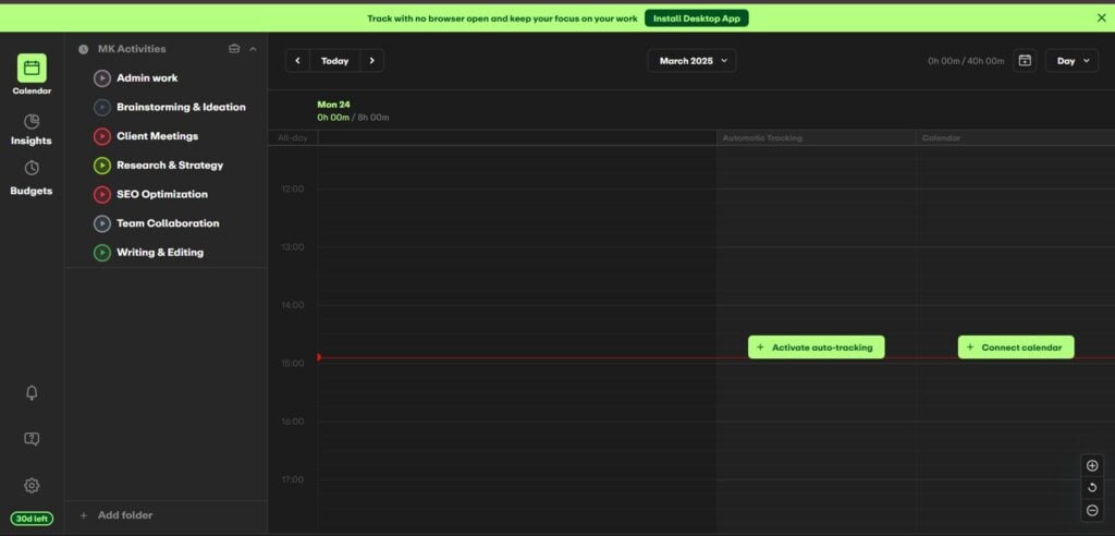 The EARLY interface features a vertical sidebar for navigation and custom activity folders, making it easy to organize tracked tasks.
