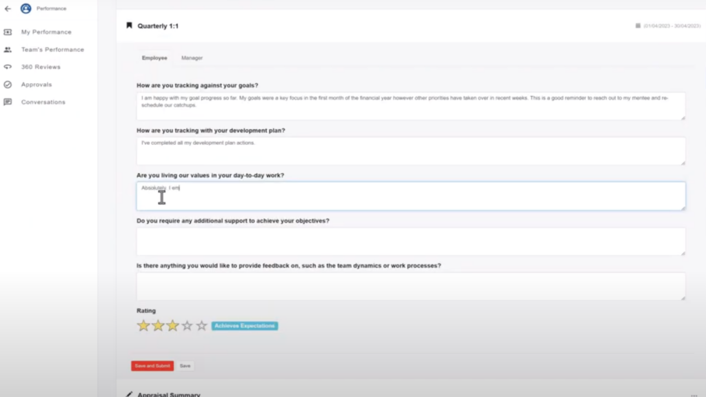 Screenshot of a quarterly employee review template in ELMO Software.