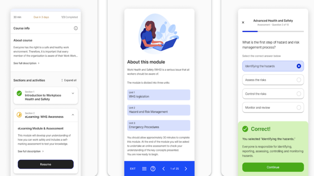 A 3-panel image showing the ELMOHR app for employee training.