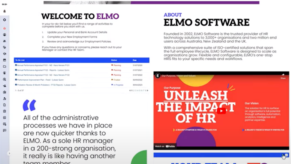 Screenshot of ELMO Software’s dashboard showing a company homepage.
