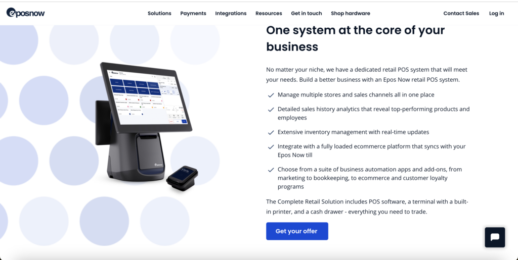 A screenshot from the EPOS Now website showing a POS register and stating its key features