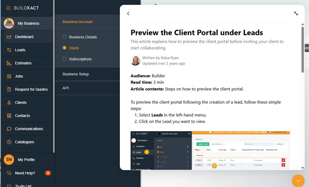 Screenshot showing help guide with the Buildxact platform