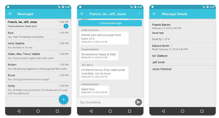 MakeShift Connect app offers group messaging with read receipts, enabling teams to communicate directly within the mobile app.