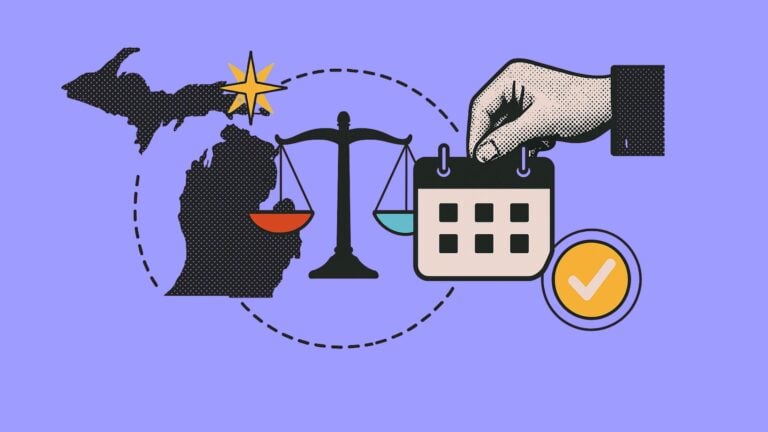 A collage of the outline of the state of Michigan with PTO law concepts