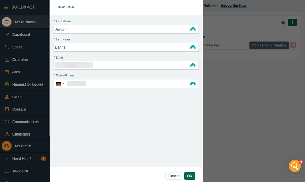 Screenshot showing Buildxact’s user page