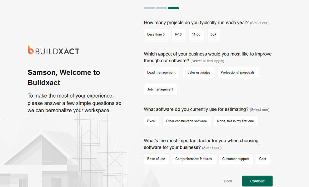 Screenshot showing Buildxact’s pre-signup page