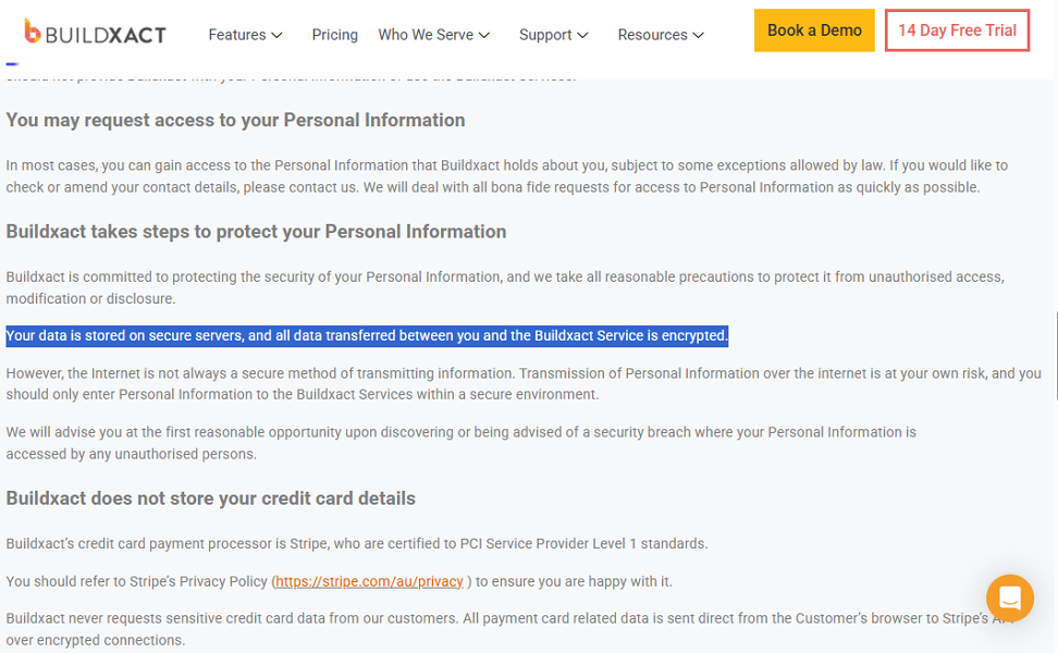 Screenshot showing Buildxact privacy policy page