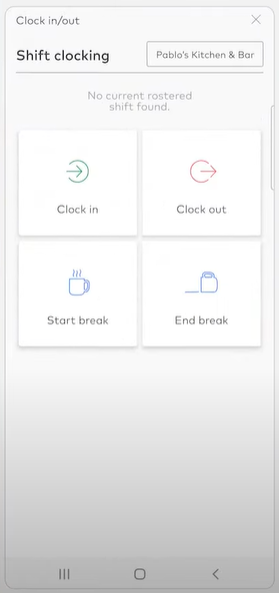 An image of the Roubler app showing the shift clocking tab where users can clock in and clock out.