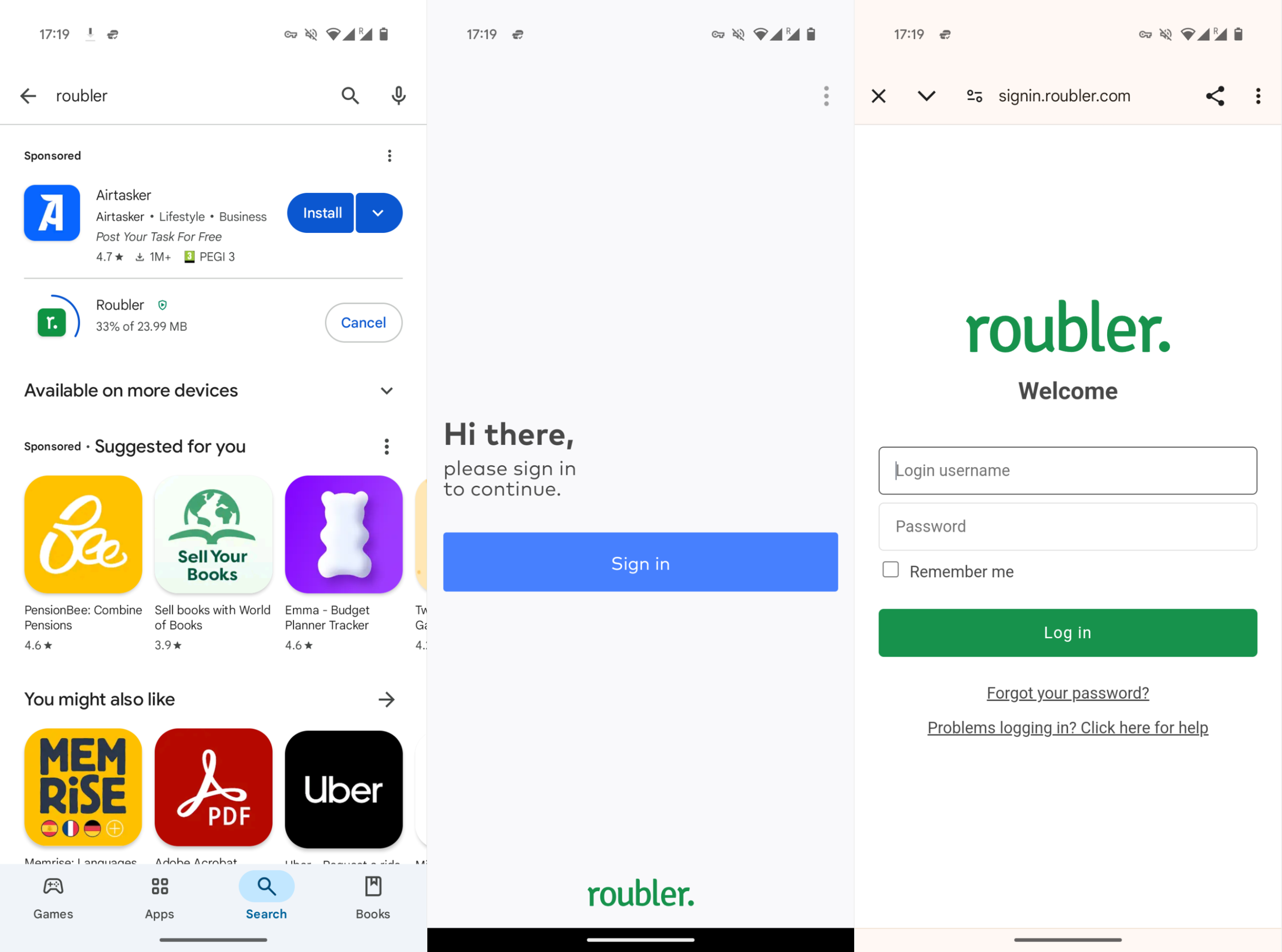 A collage of screenshots of the Roubler mobile app on the Google Play Store, including the app downloading in the app store, its welcome screen and its login screen.