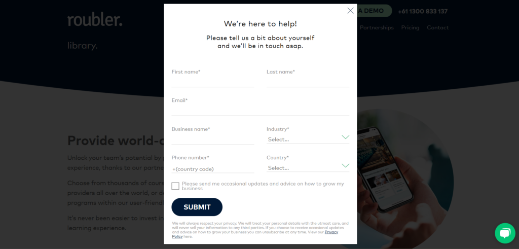 An image of the Roubler contact form you must fill in to book a demo.