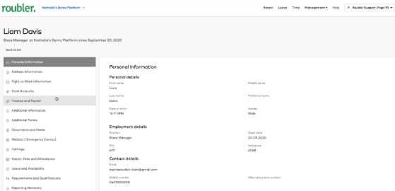 An image of the Roubler employee onboarding information dashboard, featuring various navigational tabs that include Personal Information and Bank Accounts.