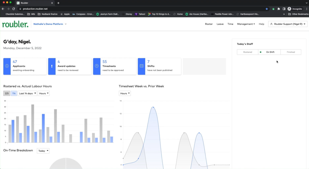 An image of the Roubler dashboard showing the clean interface and simple layout.