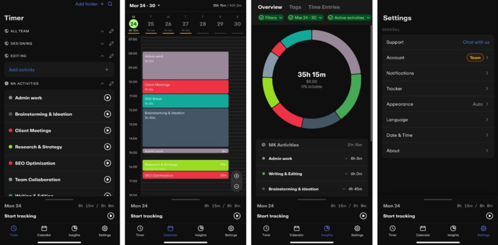 EARLY mobile app screenshots showing Timer, Calendar, Insights, and Settings tabs with tracked activities and time analytics.