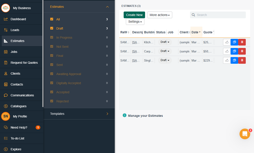 Screenshot showing Buildxact’s submenu