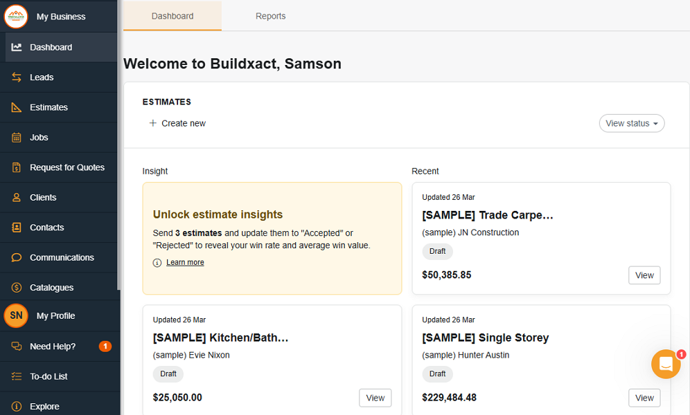 Screenshot showing Buildxact web dashboard