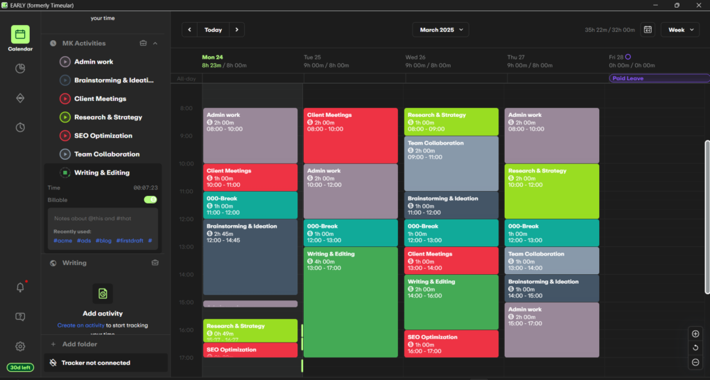 EARLY’s desktop calendar in week view showing color-coded activities, tracked time blocks, and a sidebar for activity selection and notes.