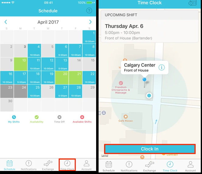 MakeShift mobile app showing a calendar of shifts and a geofenced map interface with a “Clock In” button for an upcoming shift.