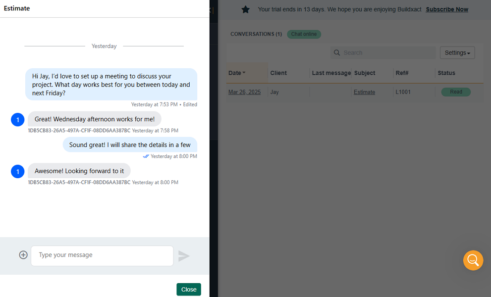 Screenshot showing Buildxact chat feature