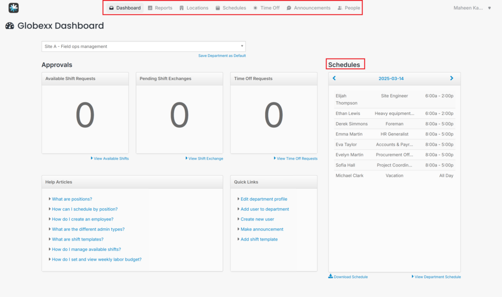 MakeShift’s admin dashboard showing shift approvals, staff schedules, and quick access to reports, time off, and user tools.