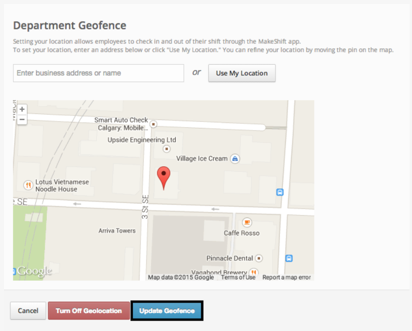Admins can set geofenced locations in MakeShift to ensure employees clock in and out only within authorized shift areas.