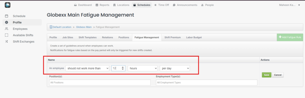 Admins can set fatigue rules in MakeShift to limit employee work hours by day, week, or shift to support compliance and safety.