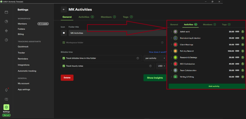 EARLY’s folder settings view showing activities with assigned hourly rates, billable time tracking options, and tabs for team setup.