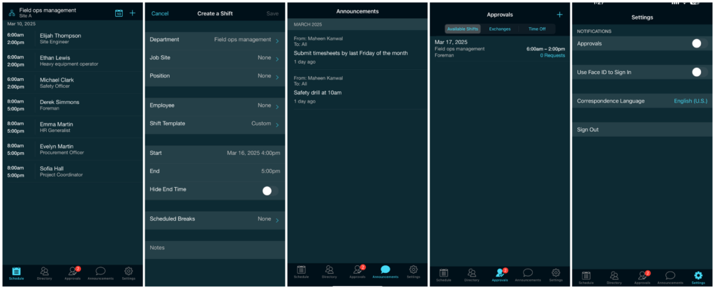 The MakeShift Live mobile app lets managers handle schedules, approvals, and announcements with built-in shift editing and settings access.