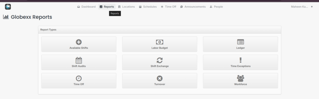 The “Reports” tab in MakeShift, where admins can generate shift, budget, and workforce reports to monitor operations and improve scheduling accuracy.
