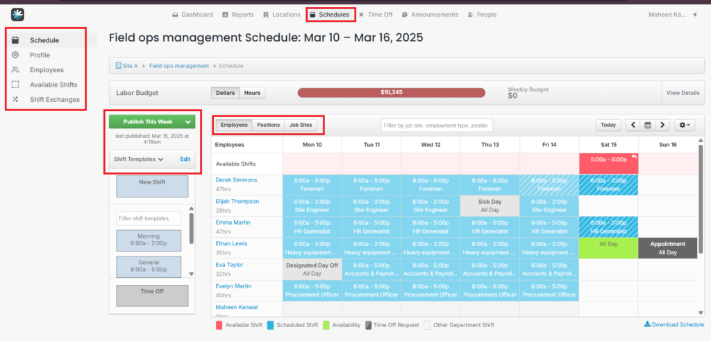 MakeShift’s scheduling view, featuring a calendar and features for drag-and-drop shift planning by employee, position, or job site—along with real-time labor tracking.